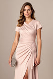 Bainha Cetim Ruched Longos Vestido Mae Noiva com Fenda