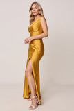 Dourado Um Ombro Bainha Cetim Longos Vestidos de Damas de Honor com Fenda