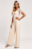 Damasco Decote em V Chiffon Lace Macacão Madrinha