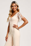 Damasco Decote em V Chiffon Lace Macacão Madrinha