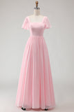 Vestido de dama de honor Candy Pink Linha A com decote quadrado em chiffon
