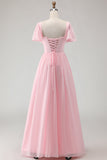Vestido de dama de honor Candy Pink Linha A com decote quadrado em chiffon