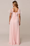 Vestido de dama de honor Candy Pink Linha A com decote quadrado em chiffon