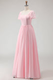 Vestido de dama de honor Candy Pink Linha A com decote quadrado em chiffon