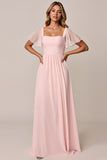 Vestido de dama de honor Candy Pink Linha A com decote quadrado em chiffon