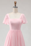 Vestido de dama de honor Candy Pink Linha A com decote quadrado em chiffon