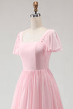 Vestido de dama de honor Candy Pink Linha A com decote quadrado em chiffon
