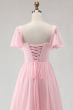 Vestido de dama de honor Candy Pink Linha A com decote quadrado em chiffon