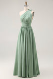 Verde Uma linha de um ombro Ruched vestido de dama de honra com fenda