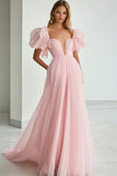 Vestidos Baile De Finalistas Rosa Linha-A Mangas Curtas Longo