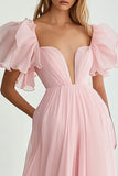 Vestidos Baile De Finalistas Rosa Linha-A Mangas Curtas Longo