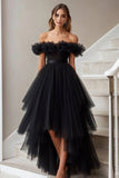Vestido De Baile Preto Linha-A Fora do Ombro Tule Longo