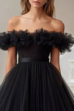Vestido De Baile Preto Linha-A Fora do Ombro Tule Longo