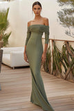 Vestidos Cerimónia Sereia Sage Poeirento Longo Ruched Fora do Ombro