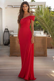 Vestidos Cerimónia Bainha Vermelho Um Ombro Ruched Longo