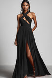 Preto De Baile/Princesa Plissado Longos Vestido Cerimónia com Fenda