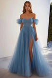 Cinzento Azul De Baile/Princesa Tule Vestido De Baile com Fenda