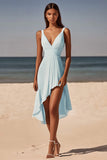Azul Céu Decote em V A-Line Ruched Midi Vestido de Formatura