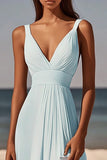 Azul Céu Decote em V A-Line Ruched Midi Vestido de Formatura