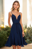 Linha-A Marinha Chiffon Decote em V Curto/Mini Vestido de Verão