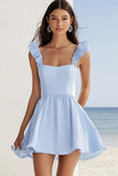 Azul Céu Linha-A Babados Chiffon Curto/Mini Vestido de Verão