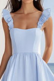 Azul Céu Linha-A Babados Chiffon Curto/Mini Vestido de Verão