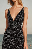Preto Branco Pontos Decote em V Chiffon Midi Vestido de verão