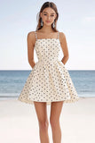 Marfim Cetim Alças Finas Curto/Mini Vestido de Verão