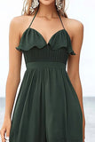 Chiffon Verde Escuro Cabeçada Linha-A Midi Vestido de Verão