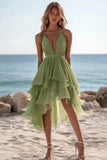 Verde Decote em V Chiffon Babados Linha-A Midi Vestido de Verão