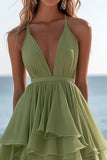 Verde Decote em V Chiffon Babados Linha-A Midi Vestido de Verão