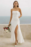 Vestidos de Noiva com Fenda Longo Bainha Branco Sem Alças