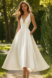 Branco Decote em V Longos Cetim Vestido de Noiva De Baile/Princesa Sem Mangas Vestidos de Noivado