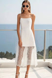 Branco Linha-A Alças Finas Midi Vestido de Formatura com Renda