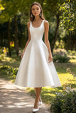 De Baile/Princesa Decote Redondo Cetim Midi Vestidinho Branco