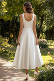 De Baile/Princesa Decote Redondo Cetim Midi Vestidinho Branco