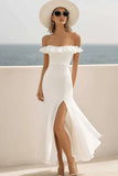 Fora do ombro Branco Chiffon Babado Longos Vestidos de Noiva