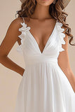Decote em V Linha-A Chiffon Assimétrico Vestidinho Branco