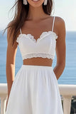 Vestido Linha-A 2 Peças Plissado Chiffon Midi Vestidinho Branco