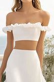 Branco sem ombros Plissado 2 peças vestido de noiva com fenda