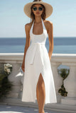 Branco Linha-A Cabeçada Midi Vestidos de Noiva com fenda