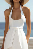 Branco Linha-A Cabeçada Midi Vestidos de Noiva com fenda