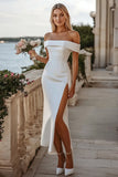 Branco Bodycon Fora do Ombro Cetim Vestido de Noiva