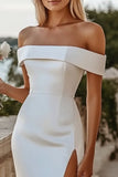 Branco Bodycon Fora do Ombro Cetim Vestido de Noiva