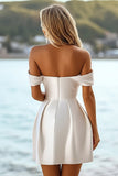 Fora do ombro Cetim Bodycon Curto/Mini Vestidinho Branco