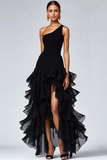 Vestidos Cerimónia com Fenda Um ombro Babado Linha-A Preto