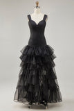 Preto Organza A-Line High-Low Vestido Formal com Folhos Fenda