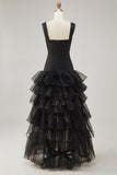 Preto Organza A-Line High-Low Vestido Formal com Folhos Fenda