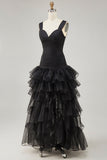 Preto Organza A-Line High-Low Vestido Formal com Folhos Fenda