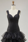 Preto Organza A-Line High-Low Vestido Formal com Folhos Fenda